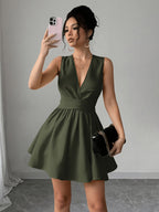 Women'S Romantic Elegant Sexy Wedding Guest Style Wearable Cross V-Neck Sleeveless A-Line Mini Dress - Olive Green