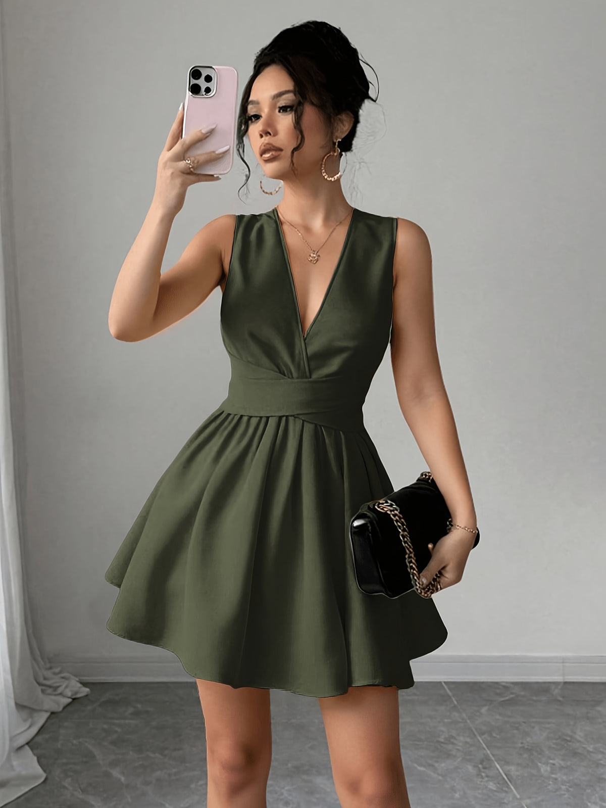 Women'S Romantic Elegant Sexy Wedding Guest Style Wearable Cross V-Neck Sleeveless A-Line Mini Dress - Olive Green
