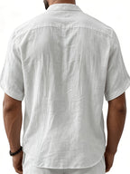 Men'S Fashion Polo Collar Linen Breathable Comfortable Casual Short Sleeve Shirt - White