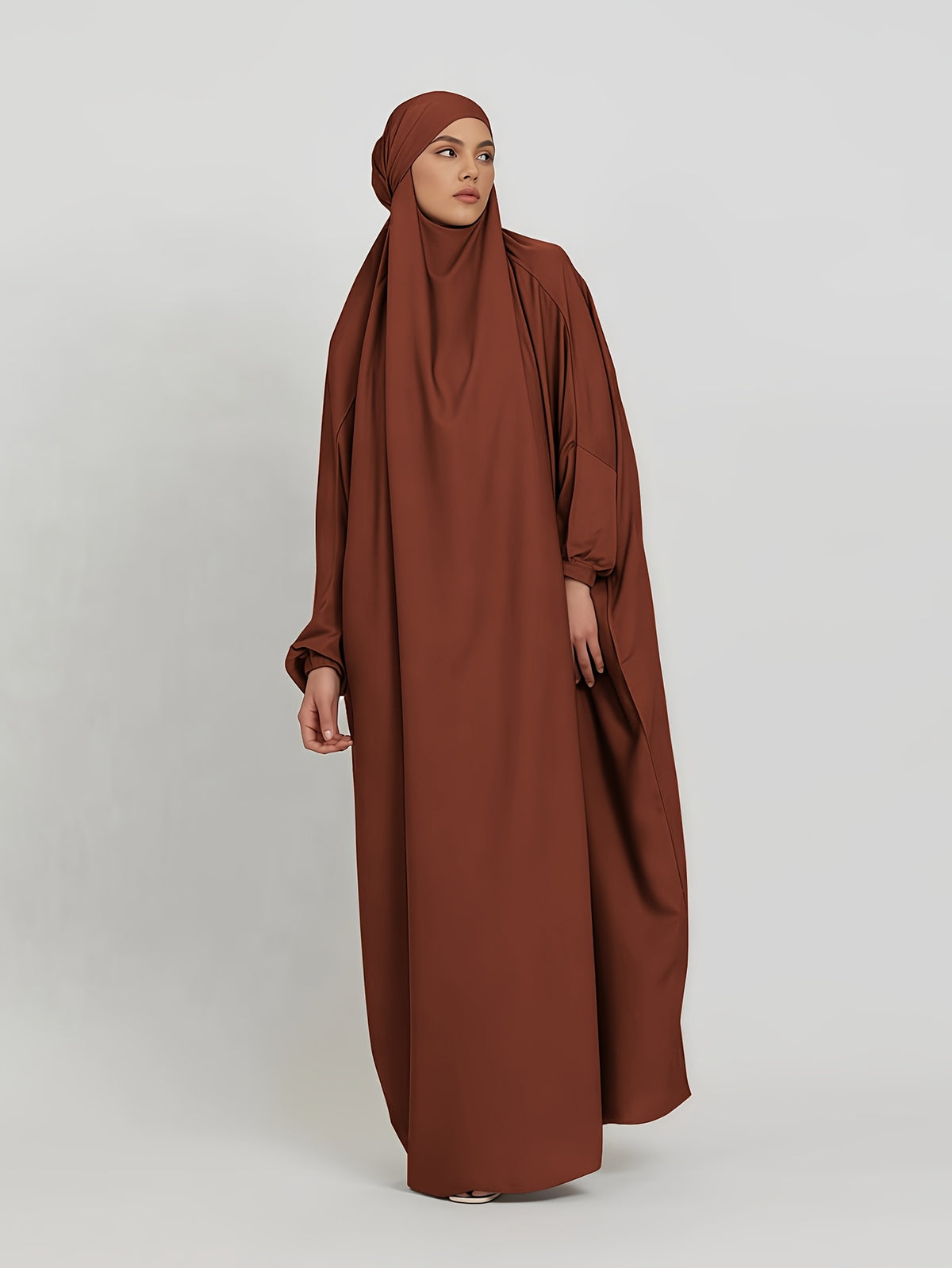 1pc Jilbab, 1pc Khimar with a Rich Drape, Cuffed Sleeves, and a Loose Fit, Suitable for Busy Daily Wear or Worship - Chocolate