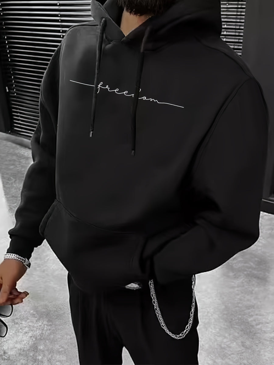 Men's -Lined Hooded Sweatshirt, Casual Versatile Fashion Streetwear Pullover Hoodie - Black