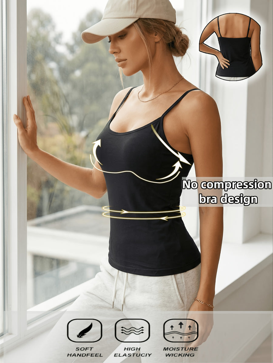 2pcs Set, Women'S Solid Color Tight-Fitting Thin Shoulder Strap Integrated Cup, with Its Own Bra, Solid Color Minimalist Style, Comfortable And Soft Breathable Base Shirt, High-Elastic Skin-Friendly Fabric, Can Be Worn Inside Or Outside - Black+White