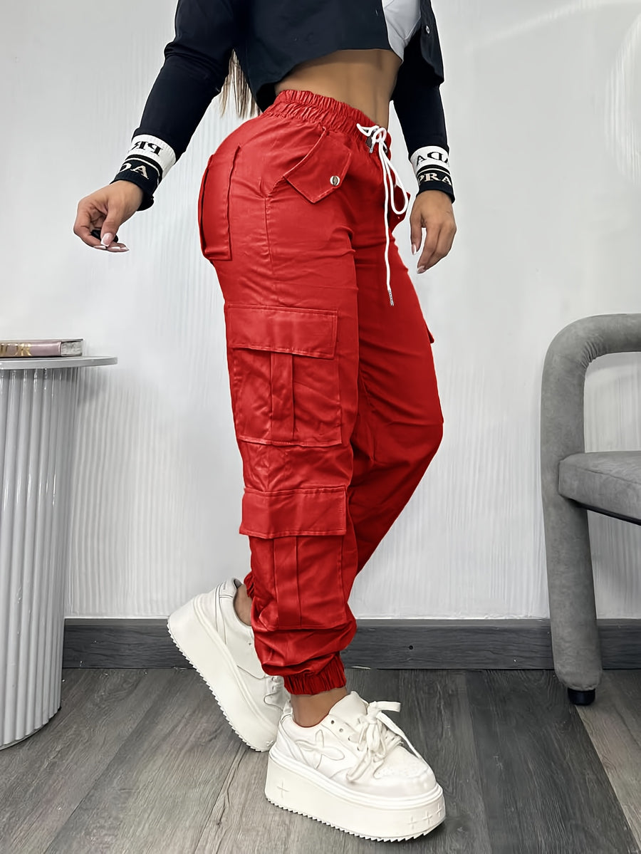 Christmas, Women'S Casual Drawstring Elastic Waist Jogger Pants, Minimalist Design Y2K Street Style Multiple Pockets Spring/Summer - Red