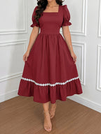 Women's Ombre Color Casual Elegant Vacation Wrap-Front Waist-Cinching A-Line Lace Trim Dress - The color of rouge