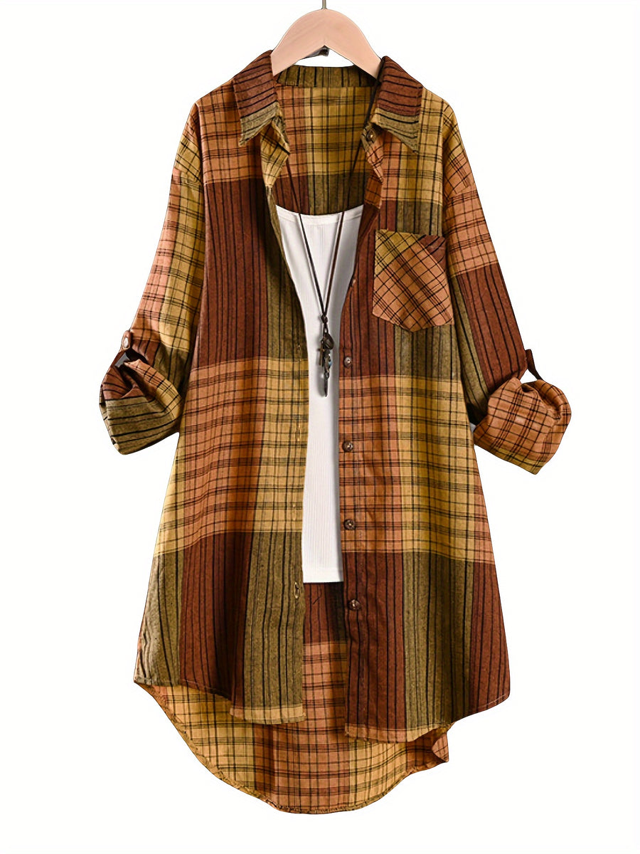 Elegant Special, Casual Vintage Mid-Length Shirt for Women, New Striped Plaid Loose Long Shirt, New Fashion Long Sleeve Women's Shirt - Dark Brown