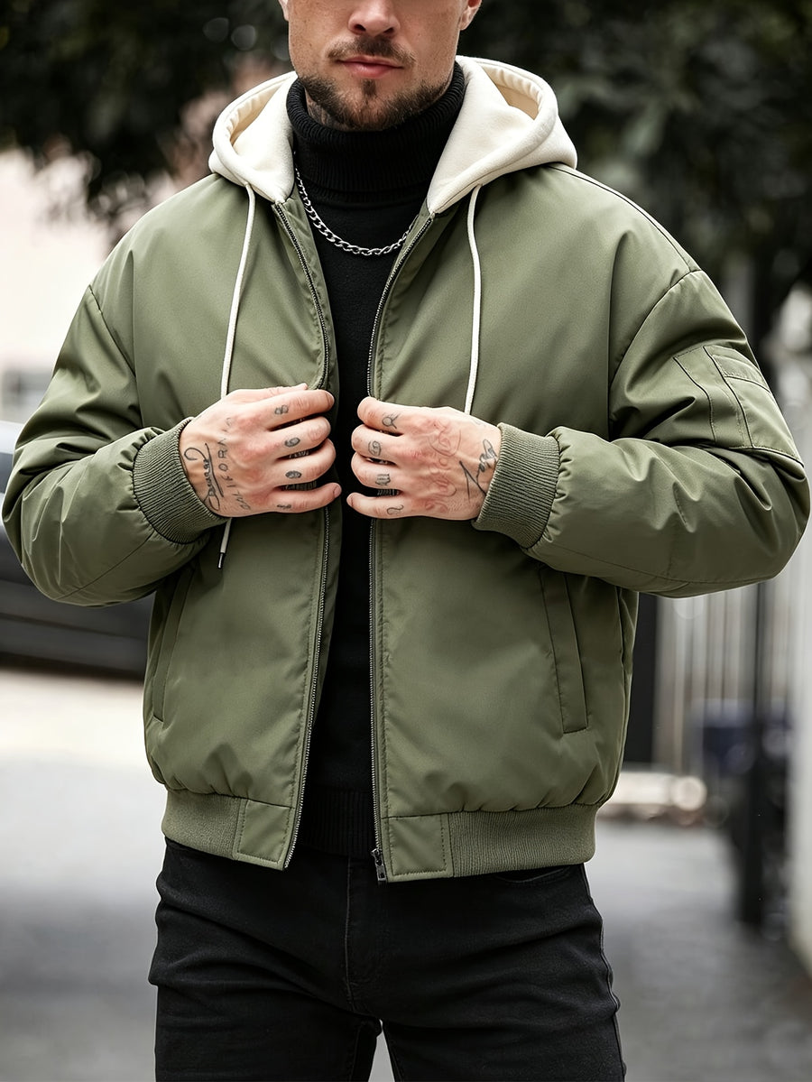 Men's Color-Block Hooded 2-in-1 Look Padded Coat, Structured Windproof Fabric, Zippered Pockets, Street Casual Style, Suitable for Daily Outings and Commuting, Trendy Outerwear-6021 - Olive Green