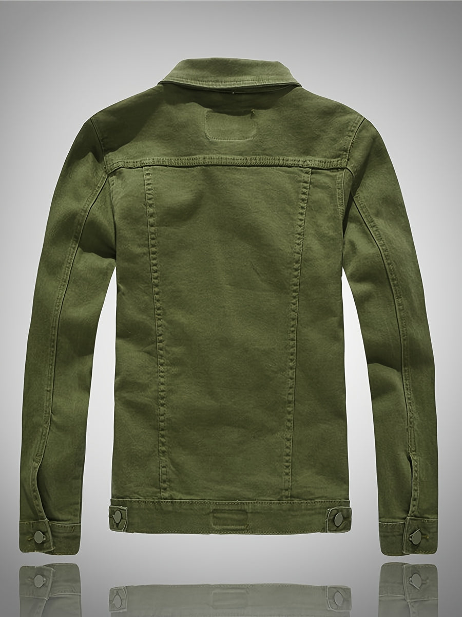 Men'S Denim Jacket, Trendy Men'S Long Sleeve Denim Jacket, Men'S Washed Denim Jacket, Casual Denim Jacket - fern green