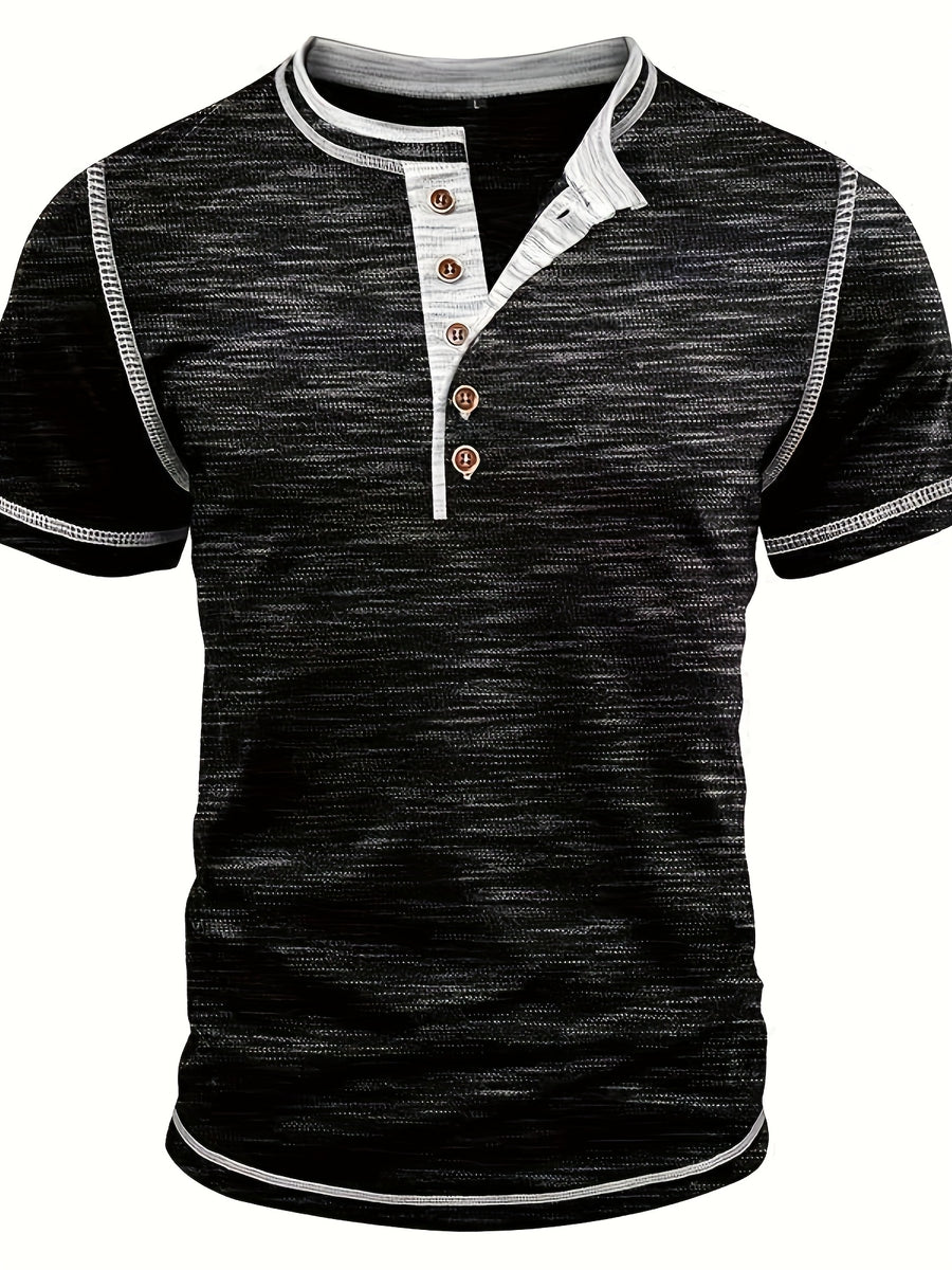 Men'S Summer Henley Shirt - Casual Short Sleeve, Button-Up, Gray & White Striped, Round Neck, Lightweight Polyester Blend, Perfect for Casual Attire, Casual Summer Wear | Striped Henley Shirt | Polyester Blend Shirt - Black