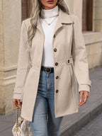 Elegant Women's Fashion Tweed Coat, Stylish Waist-Cinching Mid-Length Solid Color New Autumn/Winter Overcoat - Apricot