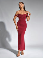 Women's Elegant Off-the-Shoulder mermaid gown - Formal party wedding long dress, Stretchy Bodycon fit, Non-Transparent Party Evening Gown for Women, Formal Attire, Highelasticity Fabric, Special Occasion Dress, High Elasticity Material, Formal Dress - Burgundy