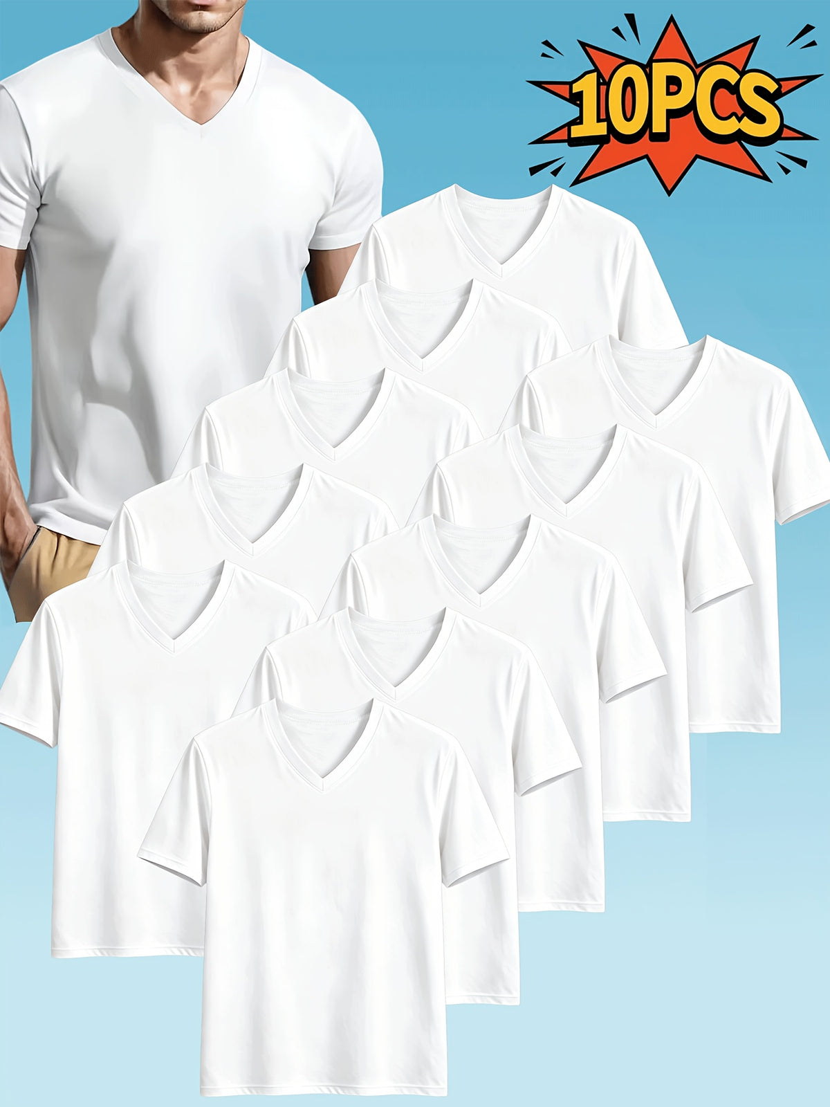 10pcs Men's Casual Knit Ribbed V-Neck T-Shirt / Soft and Comfortable Fabric / Short Sleeve / Solid Color / Crew Neck / Back-to-School Season, Casual Sporty Design Multi-pc Tops, Suitable for Summer Daily Wear - 10pcs White