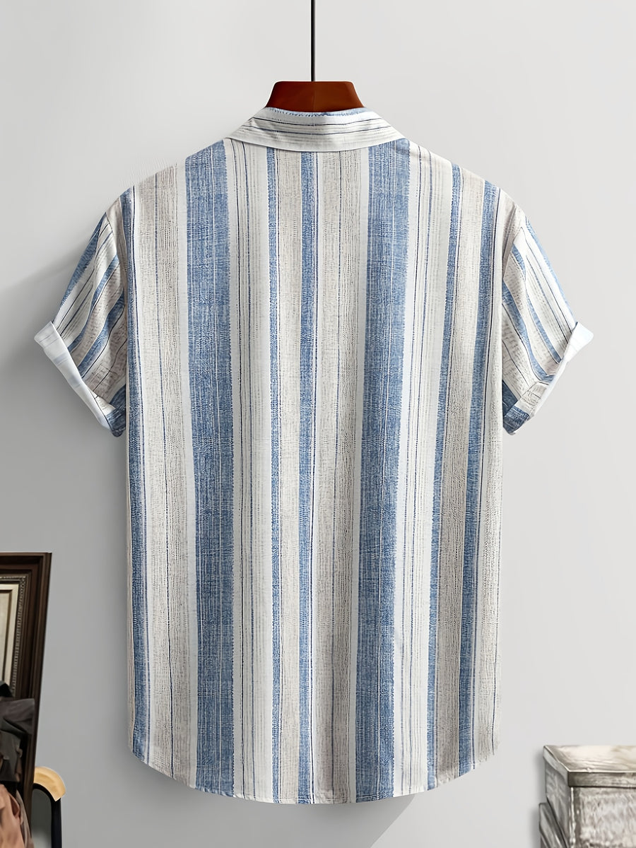 New Summer Men's Short-Sleeve Shirt, Comfortable Casual Striped Print Shirt, Travel Vacation Style Men's Apparel - Mixed colors