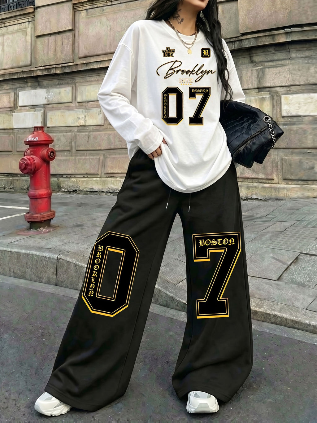 Trendy Brooklyn Black Golden 07 Sports Digital Print 2pcs Set Women'S Casual Street Long Sleeve And Long Pants Suit, Suitable for Street Hot, American Jersey Sports Street Fashion - White+black