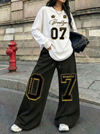 Trendy Brooklyn Black Golden 07 Sports Digital Print 2pcs Set Women'S Casual Street Long Sleeve And Long Pants Suit, Suitable for Street Hot, American Jersey Sports Street Fashion - White+black