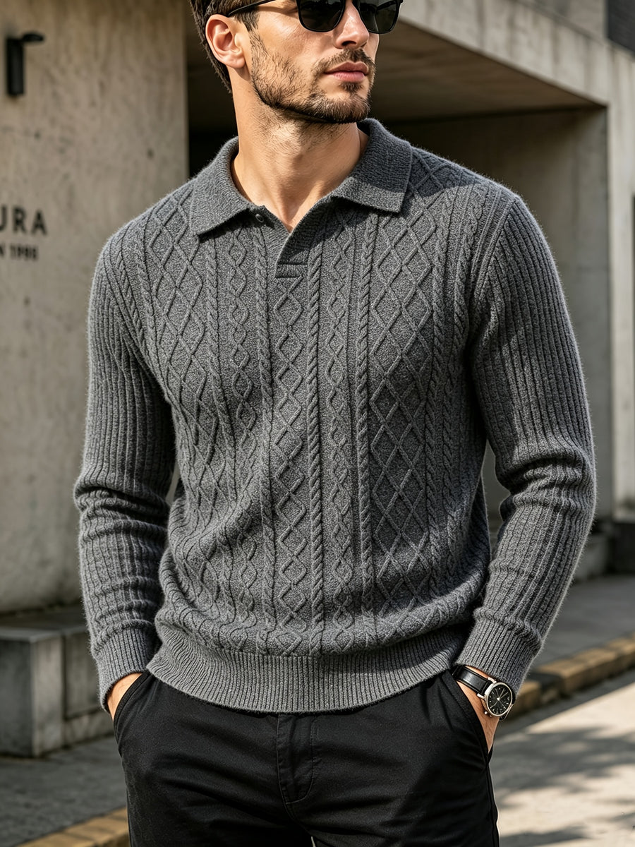 Men's Autumn/Winter Lapel Sweater Vintage Long-Sleeve Pullover Base Layer - Dark Gray