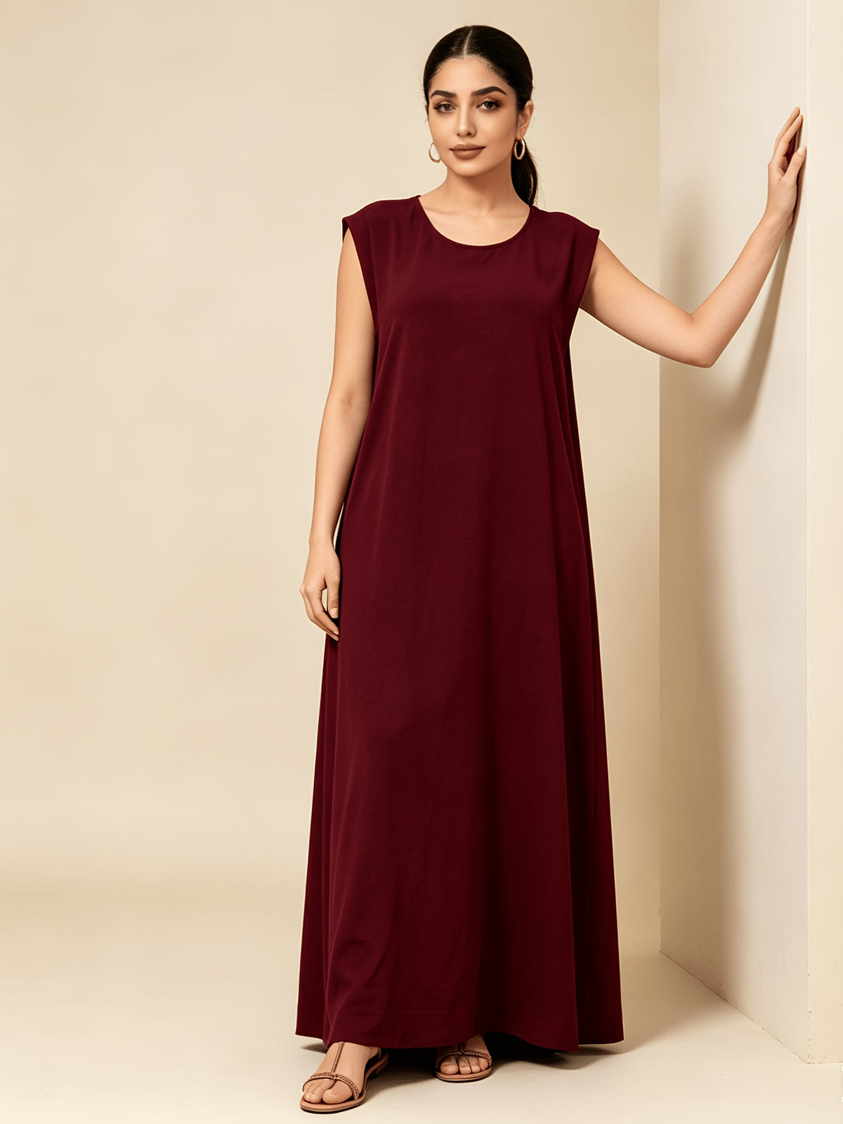 1pc Solid Color Elegant Casual Spring Autumn Suitable for Women'S Daily Base Layer Vest Abaya Muslim Dress Robe Summer Abaya - Deep Red
