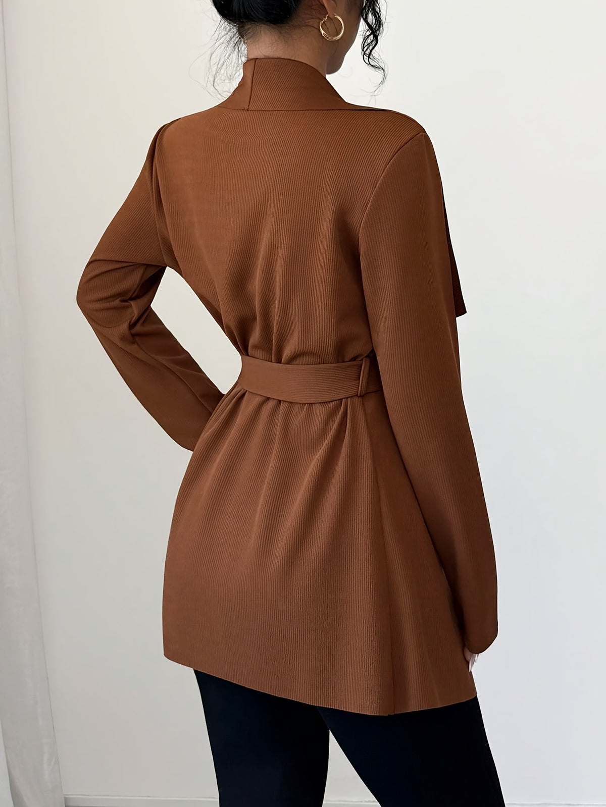 New Women's Spring/Autumn Elegant and Fashionable Commuter Long-Sleeve Textured Lapel Cardigan with Belted Waist, Thin Outerwear - Dark Brown