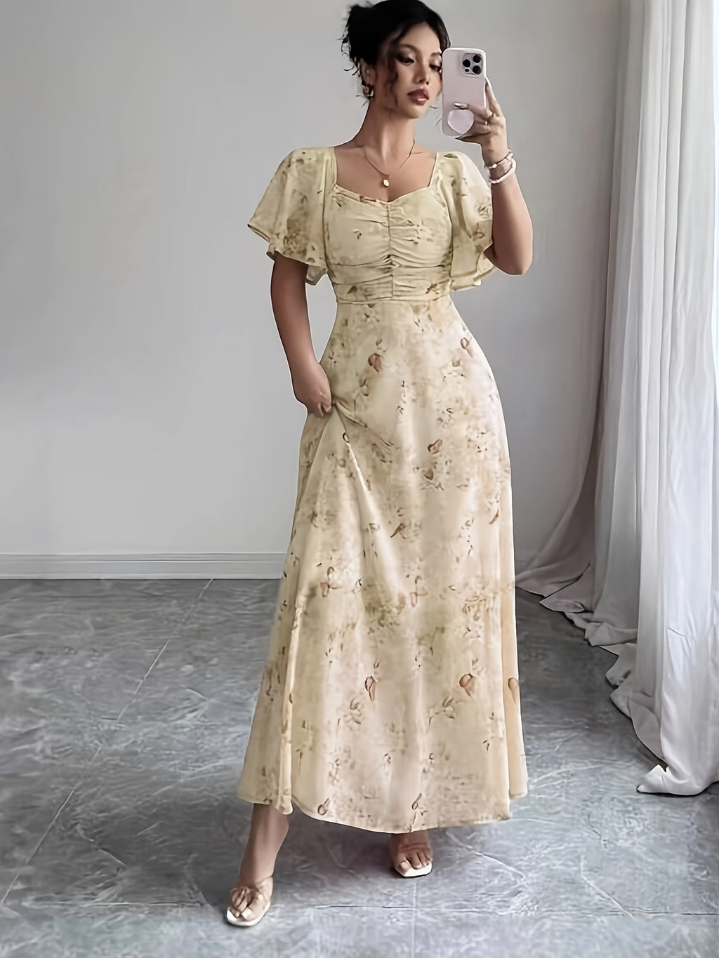 Elegant Everyday Casual Women's Chiffon Butterfly Print Batwing Sleeve Drawstring French-Style Sweet Summer Maxi Dress - Wheat-colored