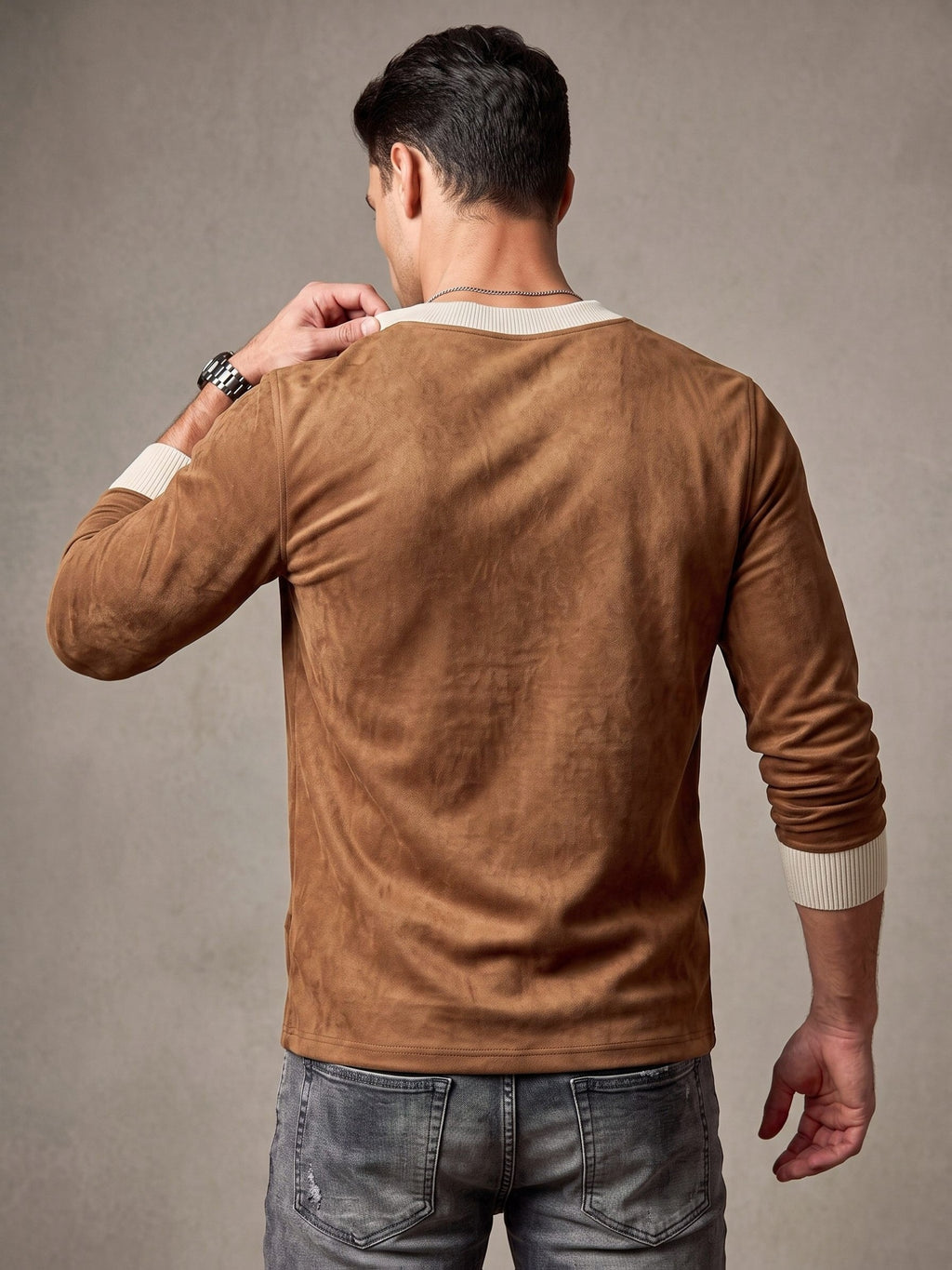 V-neck Long Sleeve T-shirt for Men, New Autumn/Winter Style, Inner Layer Top - Chocolate