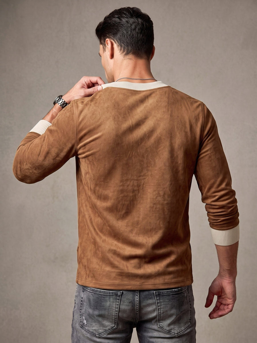 V-neck Long Sleeve T-shirt for Men, New Autumn/Winter Style, Inner Layer Top - Chocolate
