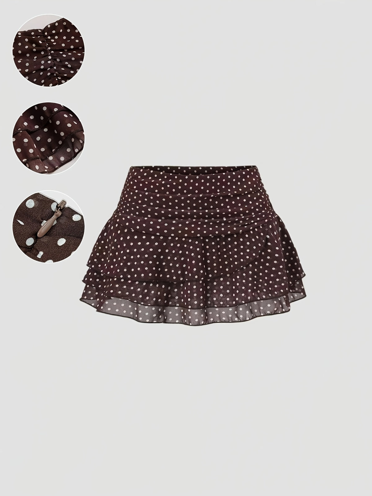 Summer New Style Women'S French Retro Style Pleated Waist Chiffon Skirt with Side Ruffles And Layered Ruffles, Short Cake Dress for Petite, All-Match Atmospheric Polka Dot Half-Length Skirt - Dark Brown