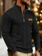 Men'S Casual Button-Up Half-Open Placket Patchwork Contrast-Colored Henley Shirt Long-Sleeved Spring And Autumn Men'S Top Outdoor Versatile Jacquard Sweater - Black