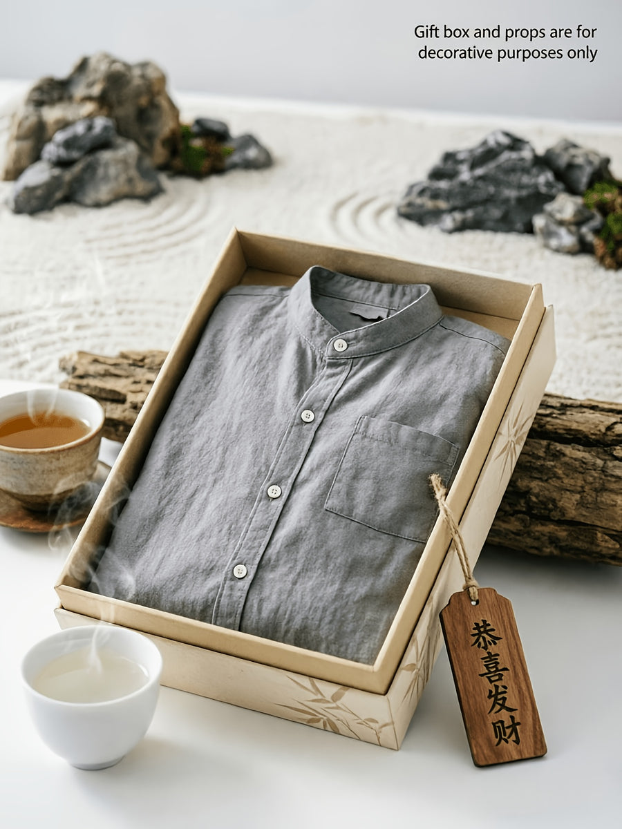 Spring New Men'S Linen Mandarin Collar Long Sleeve Shirt, Neo-Chinese Minimalist Style, Breathable Linen Fabric, Versatile Business Casual, Great Gift for Elders And Boyfriends, 1pc. Gift Box And Props Are for Decorative Purposes Solely - Grey