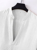 Spring/Autumn Men's Large V-Neck Linen Long Sleeve Shirt, a Versatile and Basic Men's Long Sleeve Top, Featuring a Casual and Comfortable V-neck Design, Suitable for Daily and Casual Wear - White
