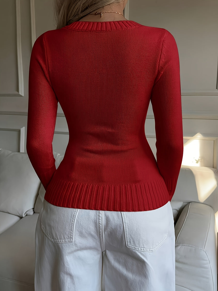 Elegant Ladies' V-neck Long Sleeve Slim Fit Cardigan | Autumn/Winter Collection with Embroidered Details - Burgundy