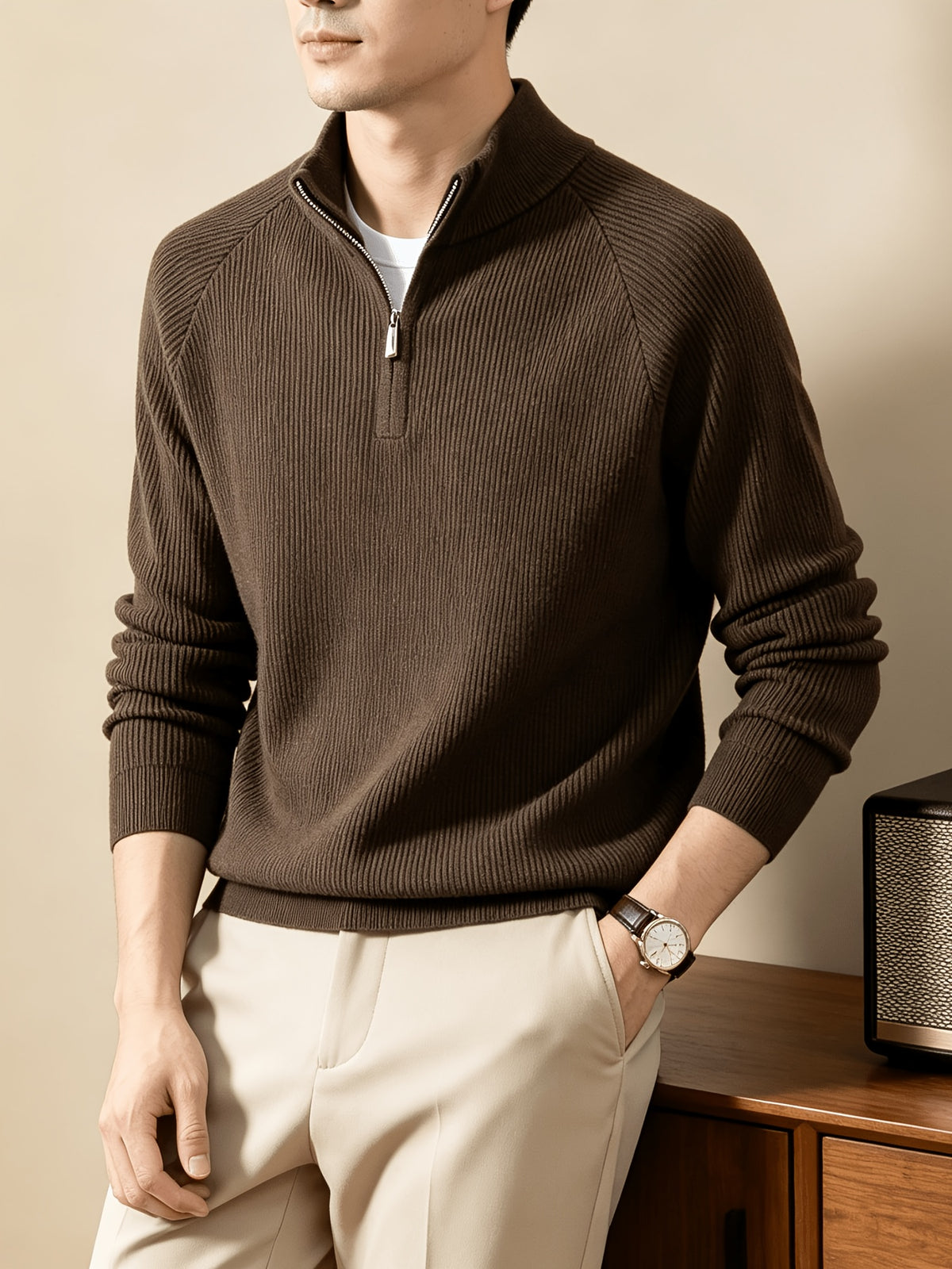 Du Jing Lan OBM Spring/Autumn New Arrival Men's Knitted Pullover, Old Money Style Solid Color Half-Open Placket Stand Collar Long Sleeve Knitted Pullover, Men's Business Casual Fashion Ribbed Sweater, Suitable for Layering or Wearing as an Inner - Dark Brown