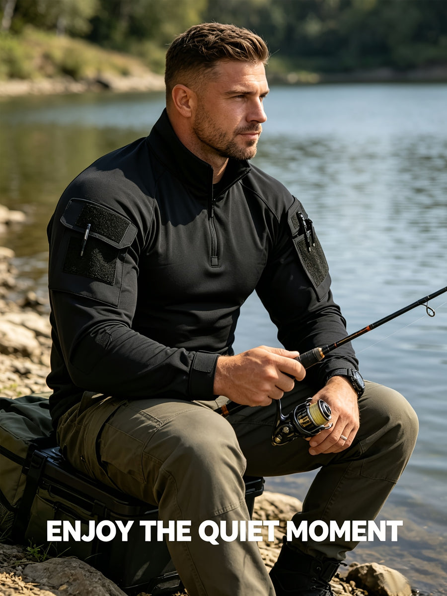 Outdoor Tactical Long-Sleeve Frog Suit Spring Autumn Men'S Stand-Collar Patchwork Elastic Breathable Top Thin Mountaineering Hiking Training Uniform - Black