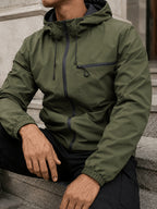 Men's Hooded Functional Jacket, Outdoor Casual Windproof Outerwear, Stand Collar Zipper Multi-Pocket Top, Spring/Autumn Urban Commuting Sports Jacket - fern green