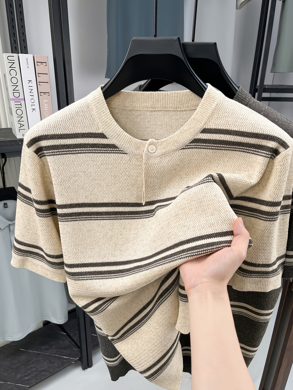 Men's Lightweight Breathable Knit Button-Up Shirt - Old Money Style Striped Half-Placket Stand Collar Short Sleeve Tunic Pullover, Suitable for Business Casual, Layering Base Layer for Spring Summer Outdoor Golf, Running, Daily Wear - Khaki