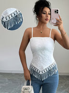Elegant Solid Color Tassel Camisole - White