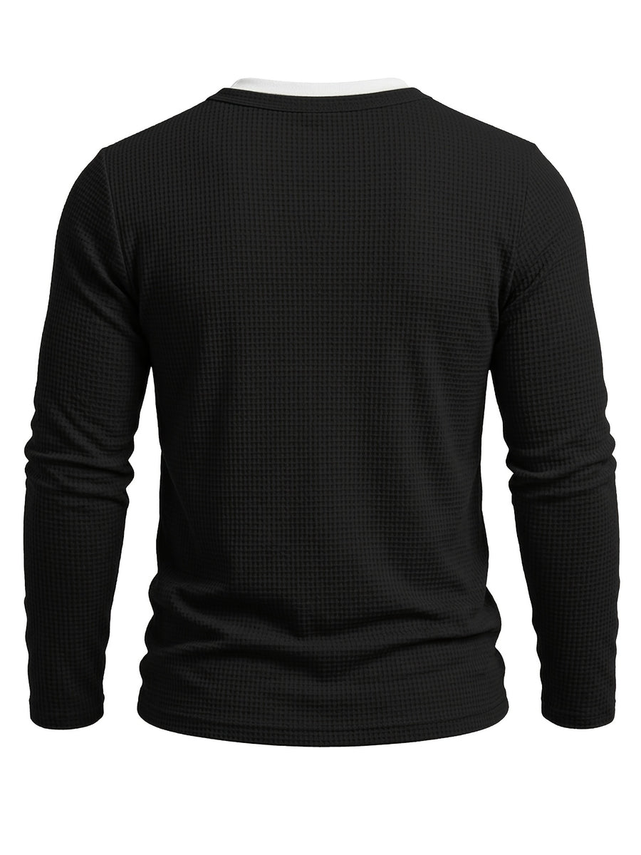 Autumn/Winter Cross-Border Men's Long Sleeve Crew Neck 2-in-1 Look Henley Shirt European and American Men's Pullover Base Layer T-shirt - Black