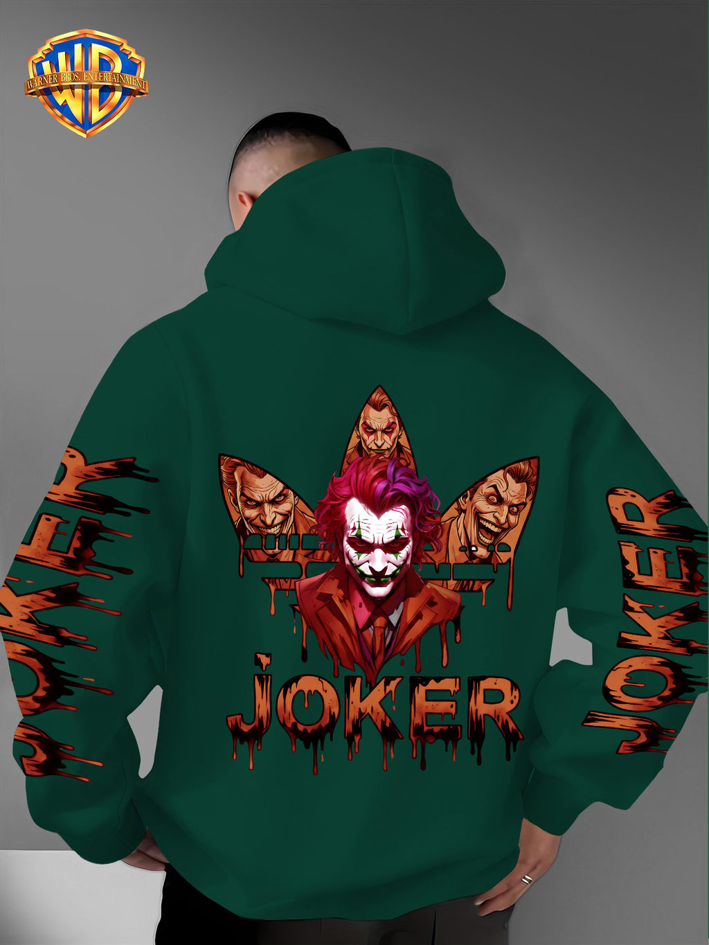 Warner Bros. Official DC Joker Multi-Character Avatar Brown-Toned Fluid Drip Graffiti Men's Fashion Hooded Sweatshirt, Sleeve Print Design, Kangaroo Pocket, Drawstring Hood, Suitable for Daily Wear and Outdoor Sports, an Excellent Choice for Warmth - Green