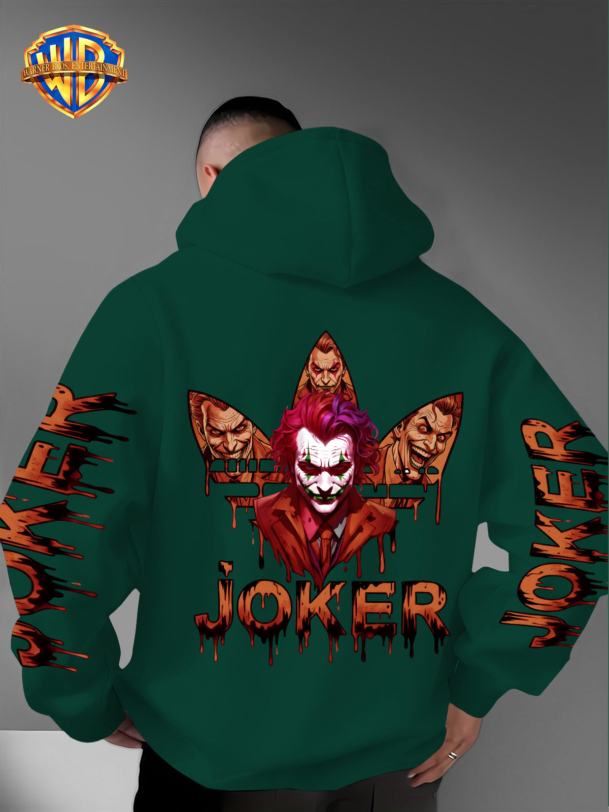 Warner Bros. Official DC Joker Multi-Character Avatar Brown-Toned Fluid Drip Graffiti Men's Fashion Hooded Sweatshirt, Sleeve Print Design, Kangaroo Pocket, Drawstring Hood, Suitable for Daily Wear and Outdoor Sports, an Excellent Choice for Warmth - Green