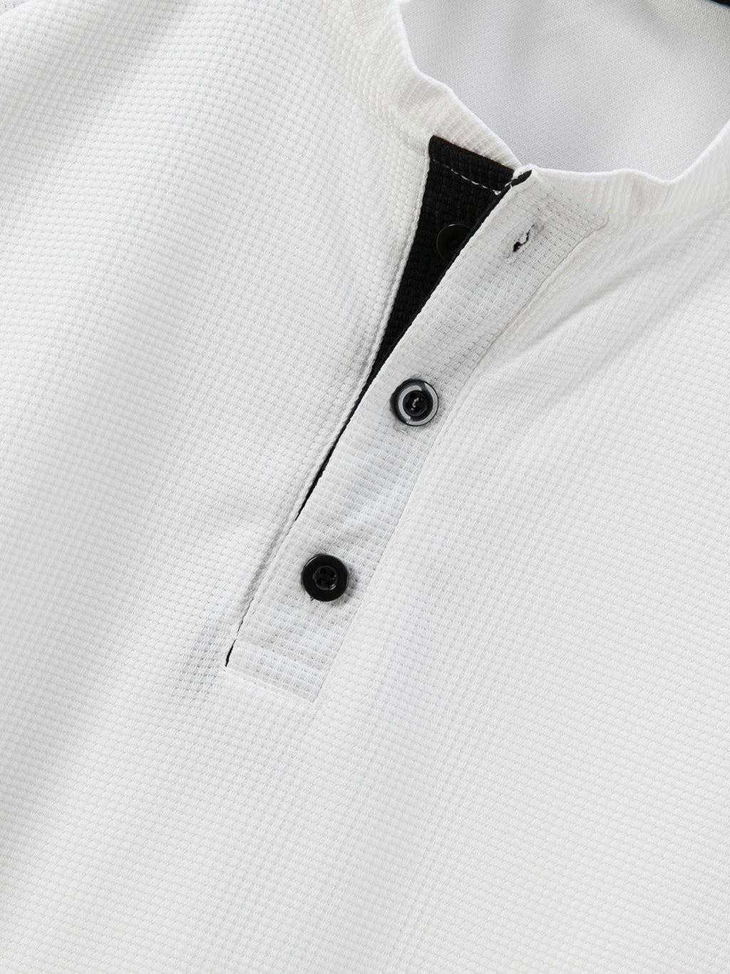 Breathable and Comfortable Men's Casual Short-sleeve Henley Waffle Knit Shirt with a Stand-up Collar - White