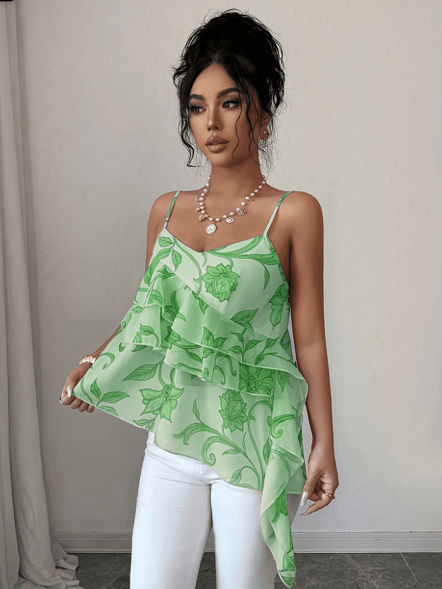 2026 Summer New Pink Floral Ruffled Camisole Women'S Summer Irregular Hem Body-Shaping Thin Chiffon Top Hot Top - Light Green