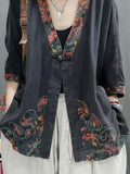 2026 New Spring/Summer Commuter Retro Chinese Style Frog Button Seven-Quarter Sleeve Literary Print Shirt Loose V-Neck Top Cardigan Women - Navy Color