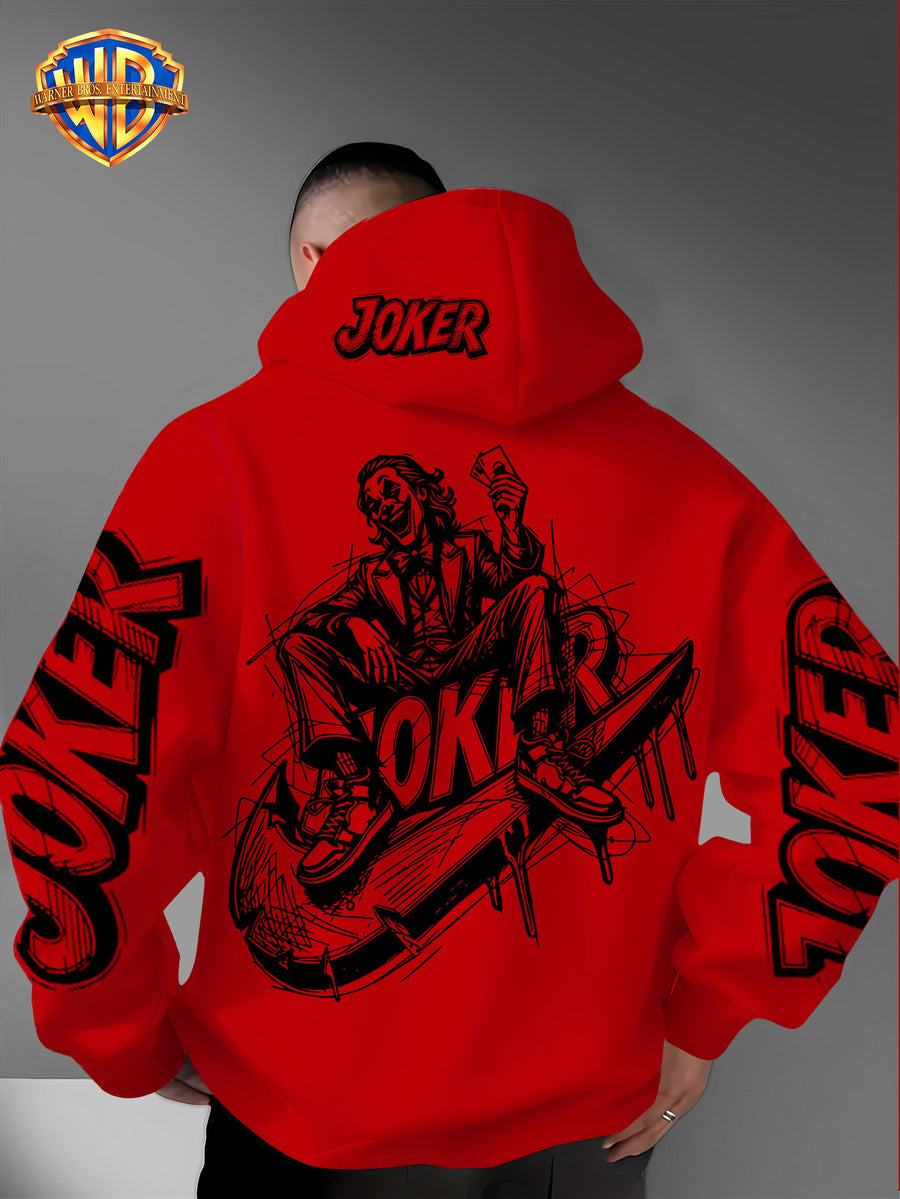 Authorized by Warner Bros., Joker Graffiti Style Print, Hat Design Pattern, Multi-Functional Street Style Men'S Hoodie, Comfortable Casual, Suitable for Autumn And Winter - Red