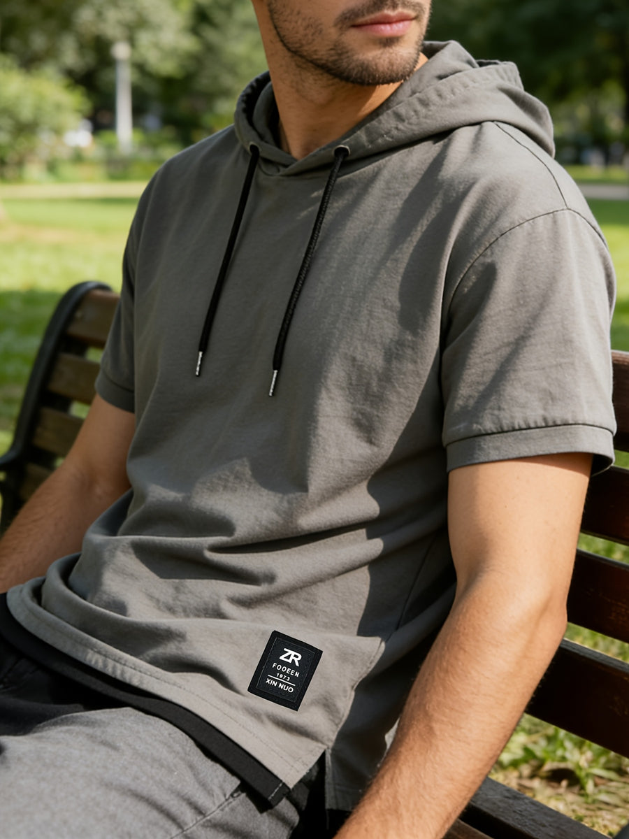 Men'S Casual Drawstring Hooded T-Shirt for Summer, Featuring a Faux Two-Piece Hem Design, Made from Soft, Sweat-Absorbing Fabric, Ideal for Outdoor Leisure Activities And Sports, Sweat-Resistant - Gray Green