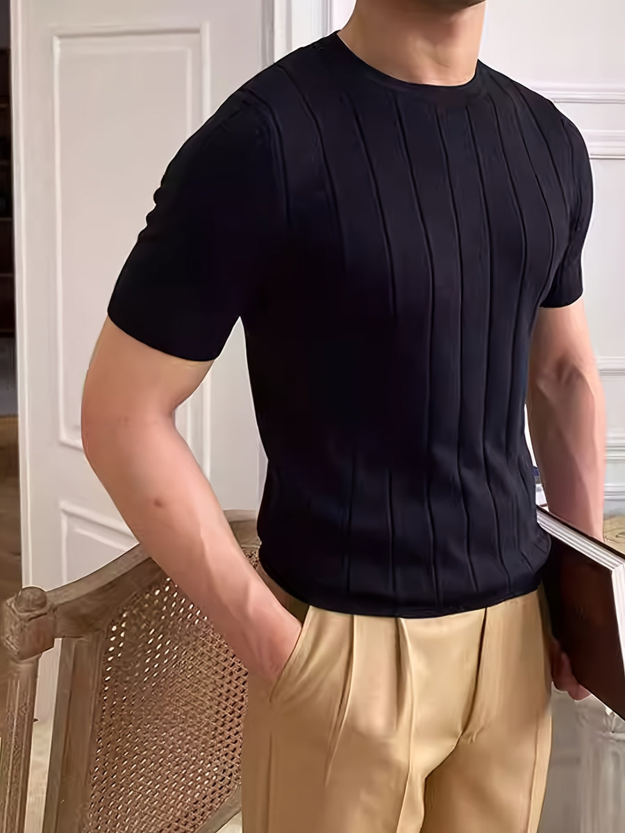 Men'S Stylish And Versatile Solid Color Round Neck Sweater with Ribbed Design, Short-Sleeved for Summer Casual Wear, Knit - Black