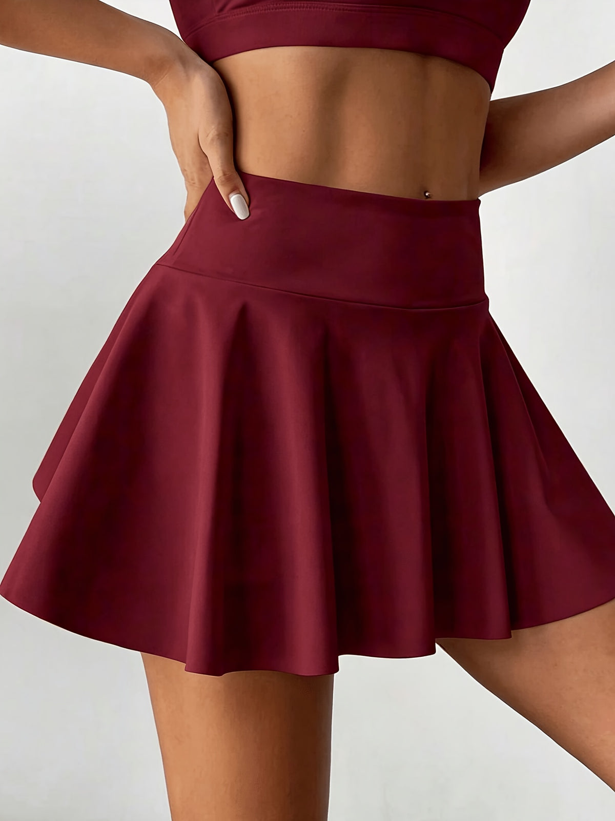 Women's Casual Solid-color Skirt-pants, Elastic High-waisted Tummy-control Midi Skirt with Built-in Safety Shorts, Fashionable Solid-color Versatile Style for Outdoor S,, And - Burgundy