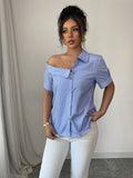 Casual Striped Off-the-Shoulder Shirt - Sky Blue