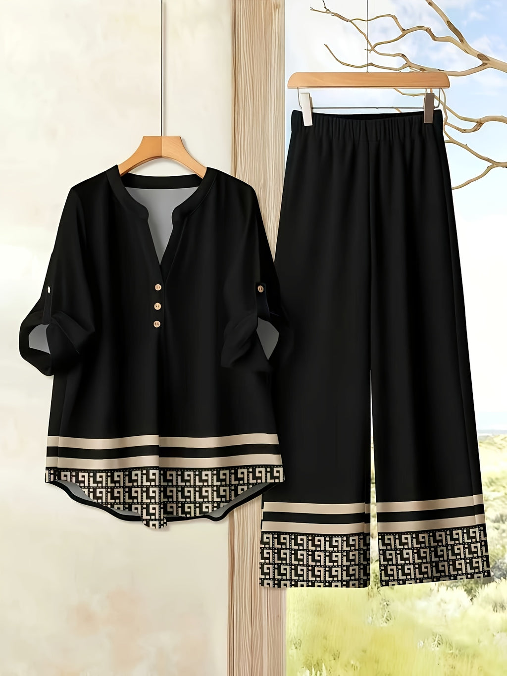 Gavin's Targeted Development of Hot-Selling New European and American Women's Fashion: V-Neck Long-Sleeve Printed Striped Shirt and Printed Pants Set - Black
