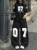 Women'S Casual Street Style Never Gives Up, Featuring a Printed Round-Neck Short-Sleeve Top And Loose Drawstring Pants Set, Perfect for Summer Streetwear - Black+black