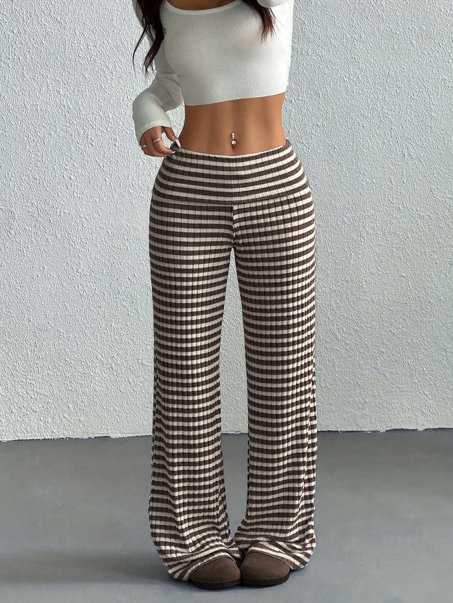 Women's Wide- Trousers - Wide- Pants with Striped, Wide-Legged Trousers Suitable for Spring/Summer, Machine Washable Elegant Wide Pants for, Casual & Semi-Formal Wear, Non- Wide Trousers - Coffee Brown