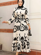 Middle Eastern Elegant Round Neck Tie-Up Vintage Printed Long Sleeve Robe - Milky