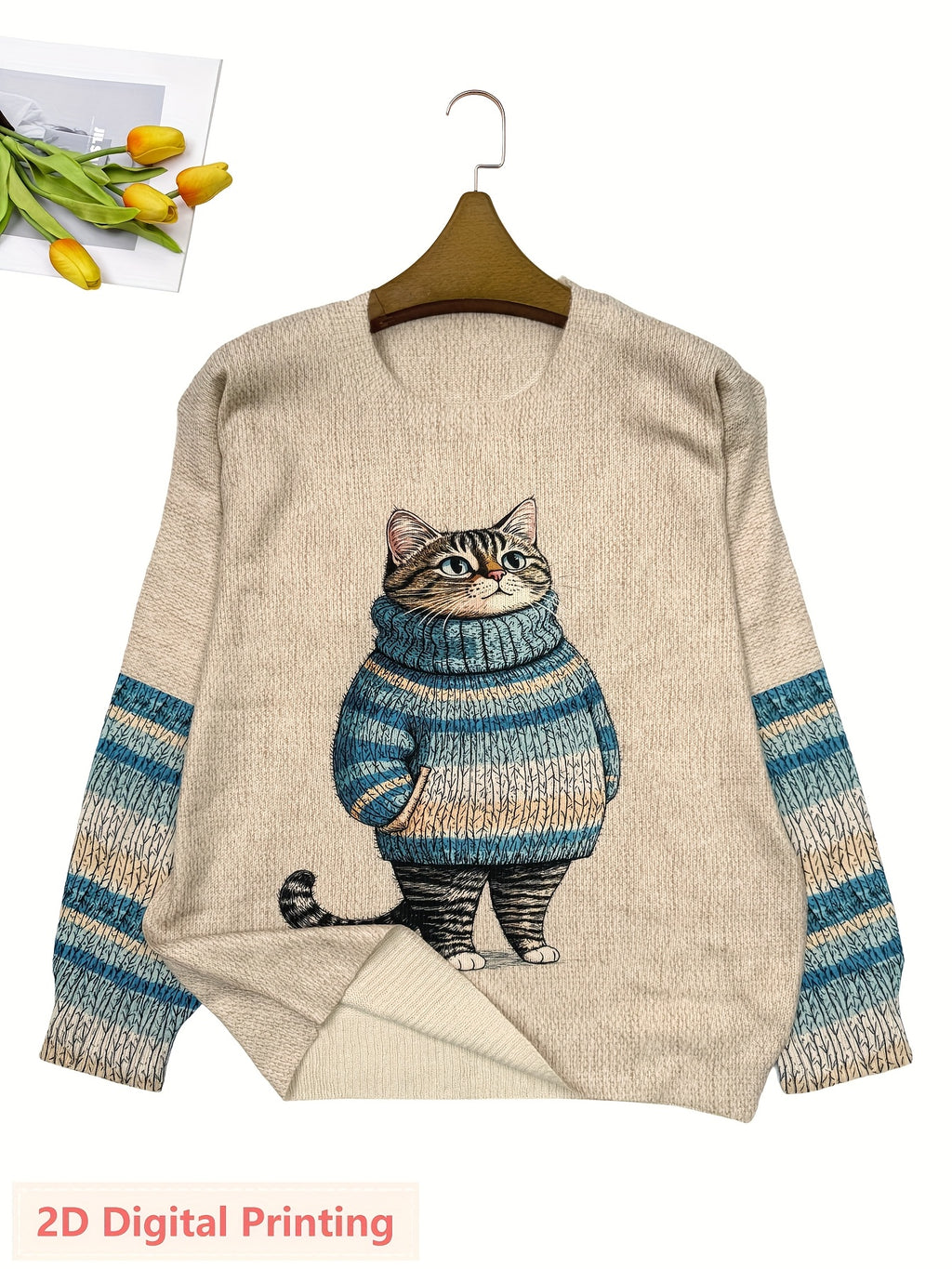 Plus Size - Plus Size - Plus Size Women'S for All Over Printed Long Sleeve Universal Crew Neck Lightweight Sweater, Trendy Wear, Cat Pattern, Perfect for Casual Elegance Style Outfits - Suitable for All Seasons - Multicolor